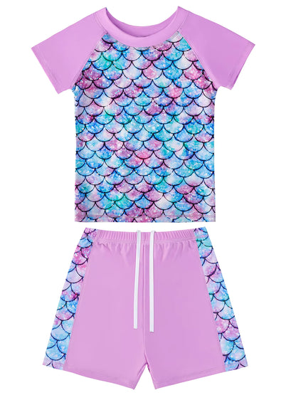 2pcs Girls Kids Short Sleeve Mermaid Scale Tops Boyleg Shorts Swimwear Beach Bathing Suit