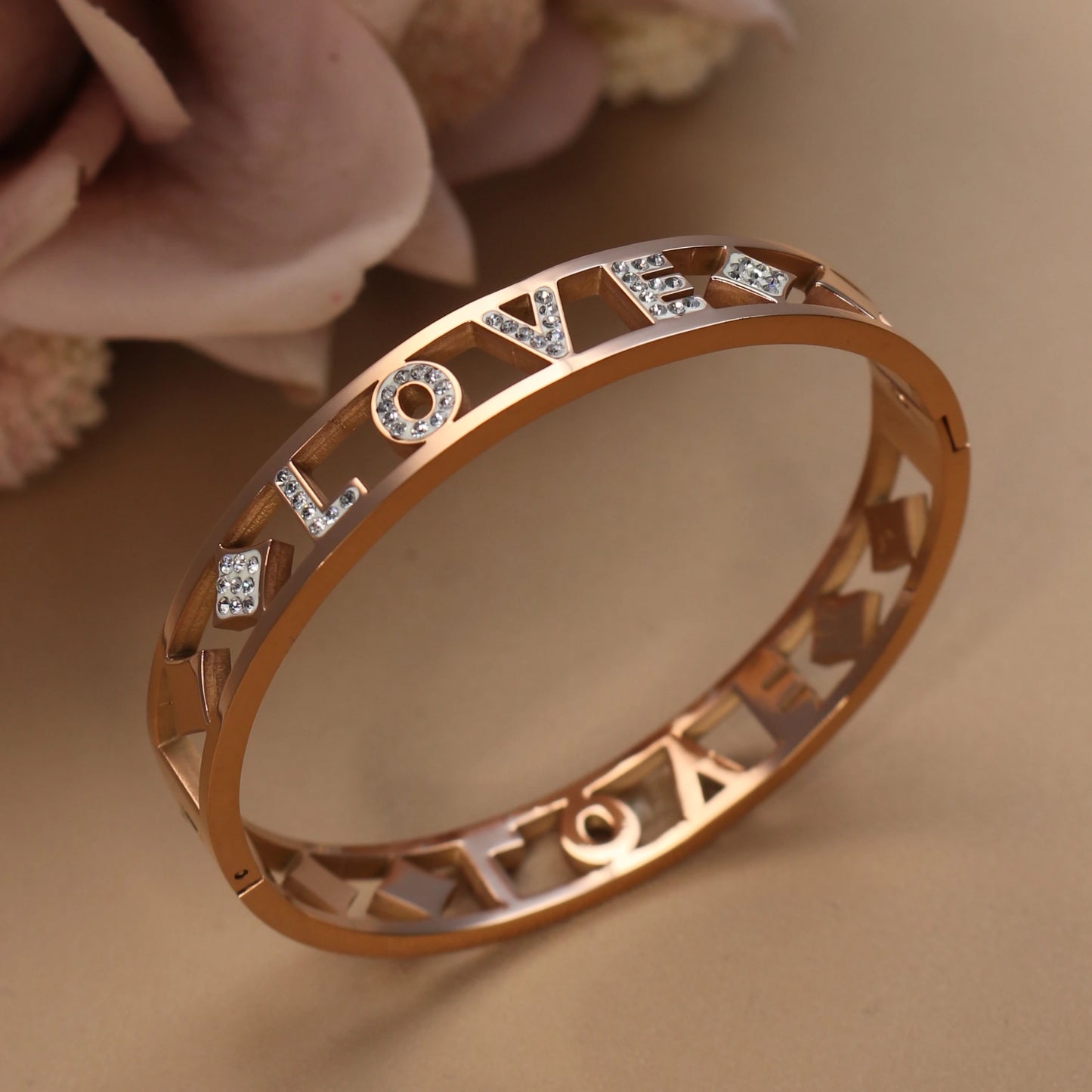 Delicate Crystal Crown LOVE Stainless Steel Gold Color Cutout Design Women's Charm Bracelet