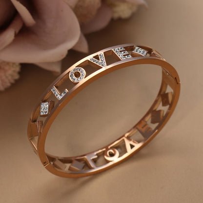Delicate Crystal Crown LOVE Stainless Steel Gold Color Cutout Design Women's Charm Bracelet