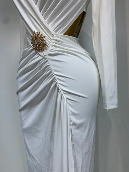 Sexy Long Sleeve V Neck Hollow Out Bodycon Cross Pleated High Split Maxi Club Party Evening Dress