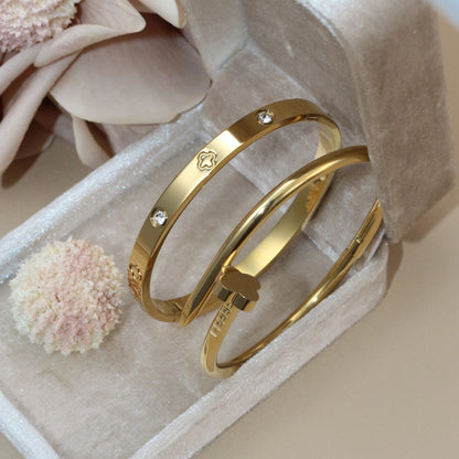Women Heart Shaped Zircon Stainless Steel Gold Color 2-in-1 Bangles Bracelet Jewelry