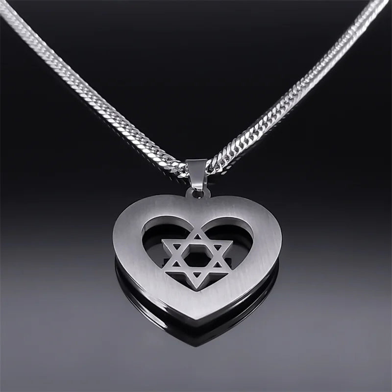 Women Men Silver Color Stainless Steel Jewish Star of David Hexagram Heart Shape Necklace