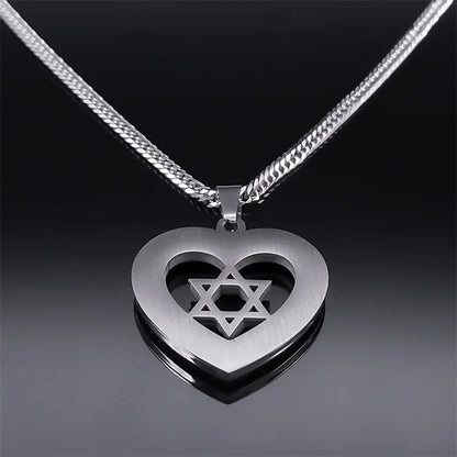 Women Men Silver Color Stainless Steel Jewish Star of David Hexagram Heart Shape Necklace