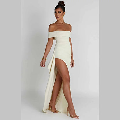 Women Off-shoulder Ruffled Thigh High Split Maxi Slash Neck Backless Bodycon Party Evening Dress