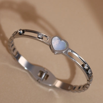 Luxury Heart-Shaped Shell Zircon Design 18K Gold-Plated Stainless Steel Bracelet Bangles