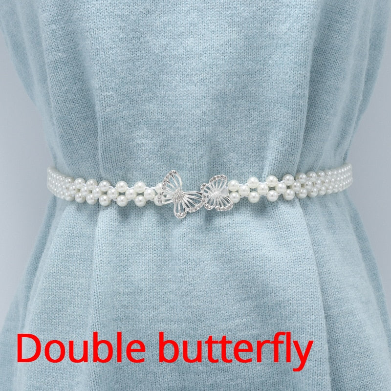 Women Elegant Pearl Fashion Elastic Designer Chain Crystal Waist Strap Belts