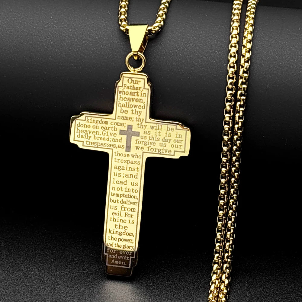 Men Stainless Steel Christian Bible Cross Religious Prayer Chain Big Pendant Necklace