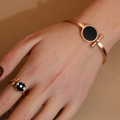 Women 2-In-1Black Acrylic Zirconia Stainless Steel Ring Bangle Bracelet Gifts Set