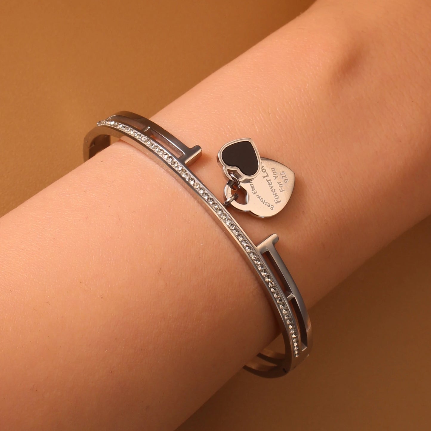 Women Fashion Double Peach Heart Love Stainless Steel Gold Color Bracelet Bangle Gifts