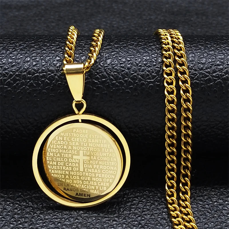 Stainless Steel Spanish Religious Christian Bible Lords Prayer Cross Pendant Necklace