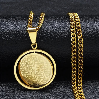Stainless Steel Spanish Religious Christian Bible Lords Prayer Cross Pendant Necklace