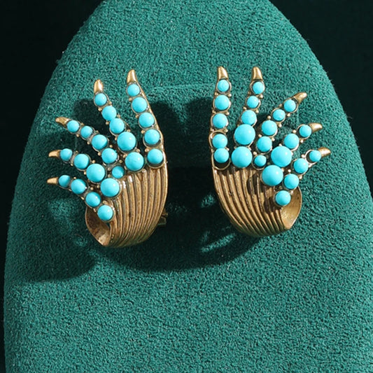 Eyelash Shape Gold Color Antique Vintage Sea Blue Natural Stone Tassel Leaf Earrings