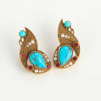 Antique Luxury Water Drop Natural Stone Goldfish Blue  Long Charm Vintage Stud Earrings