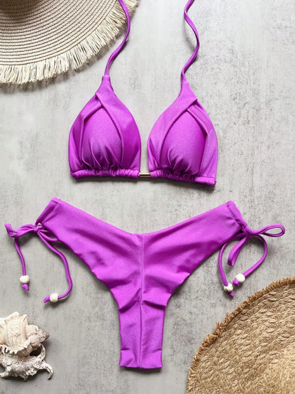 Solid Color Bikini Swimsuit Hanging Neck Rope Split Swimsuit 2-piece Beachwear Suit