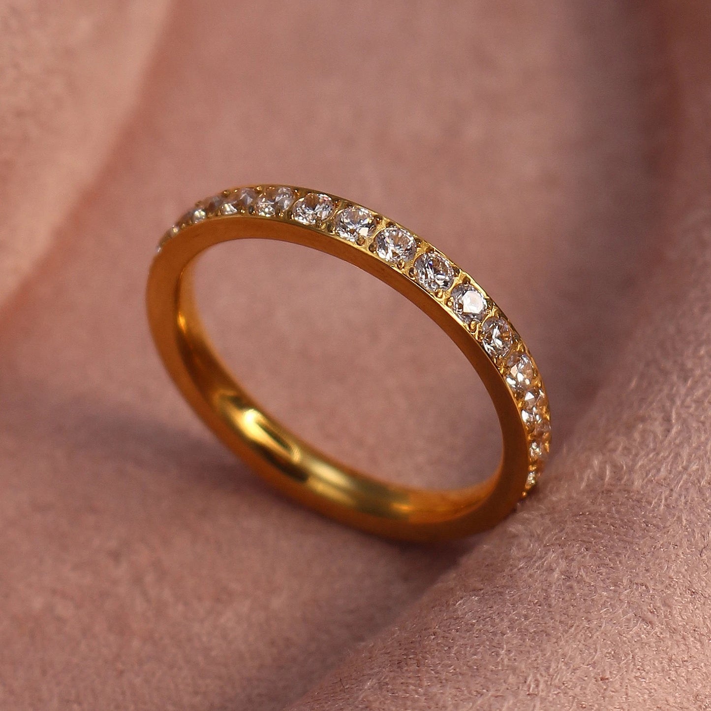 2mm Women 18k gold plated Stainless Steel Crystal CZ Eternity Wedding Ring Gifts