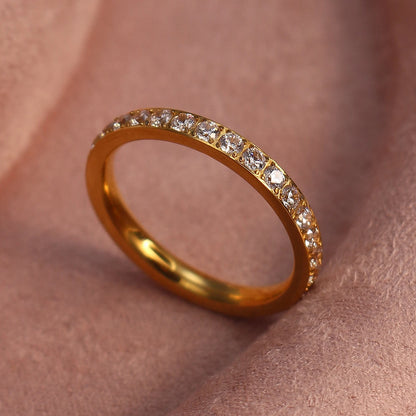 2mm Women 18k gold plated Stainless Steel Crystal CZ Eternity Wedding Ring Gifts