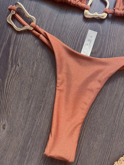 Women Bikini Solid Color Lace-up Split Two-piece Swimsuit Swimwear Suit