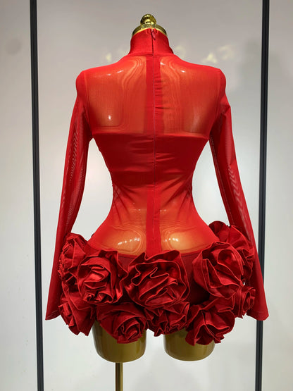 Sexy Mesh See through Stereoscopic Flowers White Red Mini Bandage Birthday Evening Party Dress