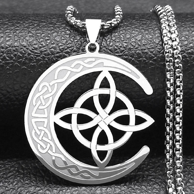 Crescent Celtic Irish Knot Stainless Steel Witch Moon Amulet Protection Chain Necklace