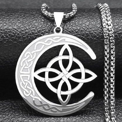 Crescent Celtic Irish Knot Stainless Steel Witch Moon Amulet Protection Chain Necklace