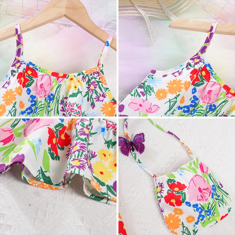 Kids Girls Flower Print Sleeveless Strap Fashion Birthday Beach Holiday Print Dress