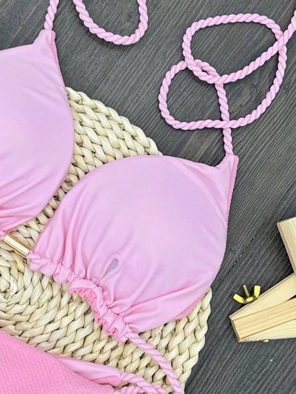 Sexy solid color swimsuit women's split bikini woven rope hanging neck beach swimwear suit