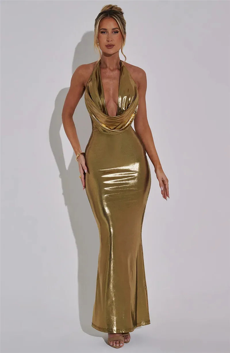 Halter Backless Maxi Shiny Deep V Neck Sleeveless Bodycon Long Dress