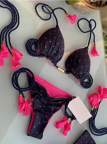 Sexy Leopard Print Women's Split Bikini Woven Rope Strap Fringe Two-Piece Swimsuit Bathing Suit