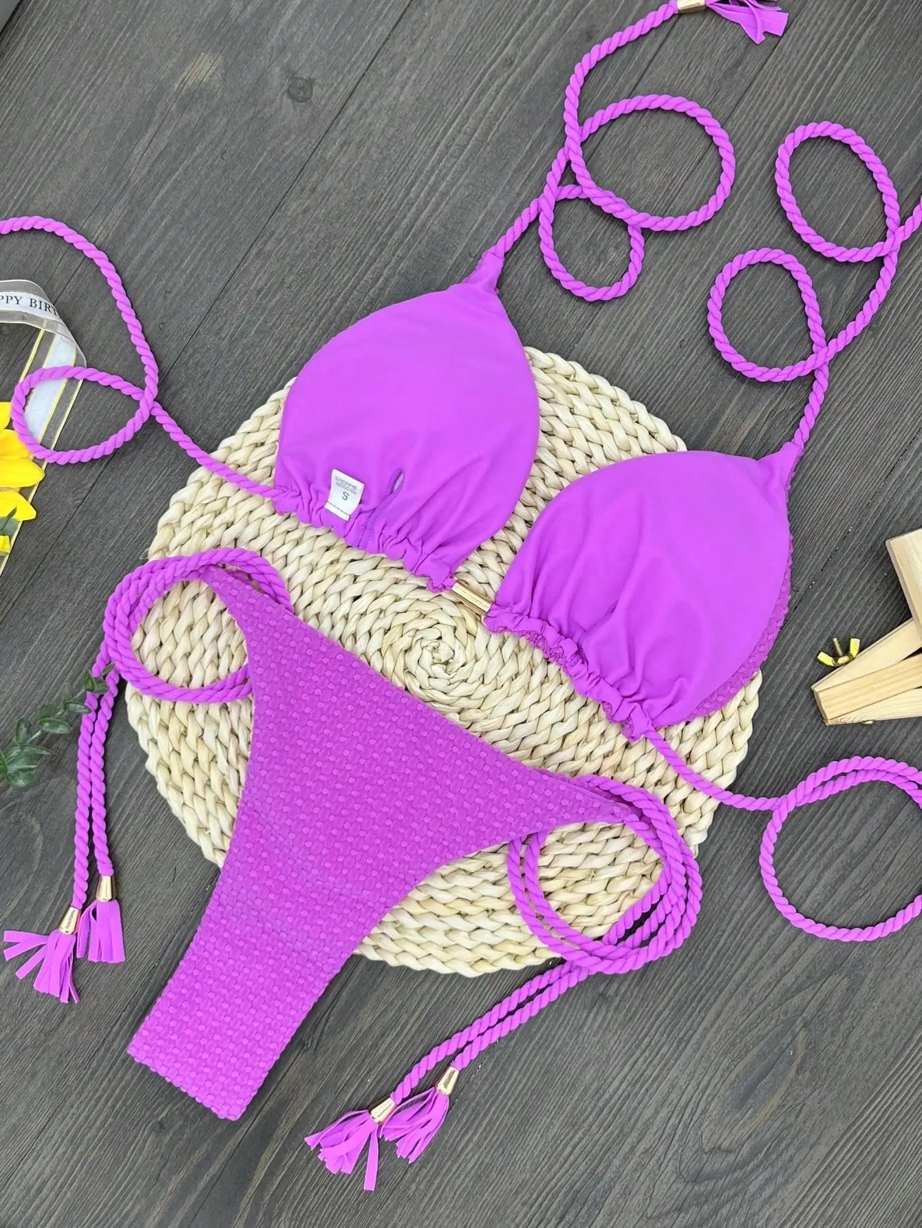 Women's Swimsuit Triangle Woven Tope Hanging Neck Two Pieces Bikini Swimwear Suit