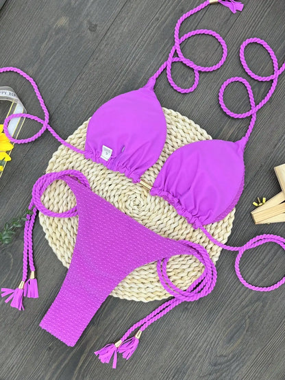 Women's Swimsuit Triangle Woven Tope Hanging Neck Two Pieces Bikini Swimwear Suit