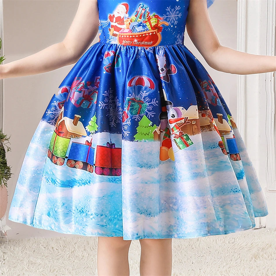 Girls Kids New Year Party Santa Claus Snowman Print Cosplay Costume Xmas Princess Theme Party Dress