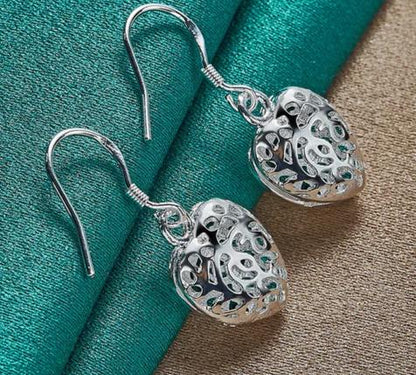 925 Sterling Silver Heart Ball Woman Wedding Engagement Party Fashion Charm Drop Earrings