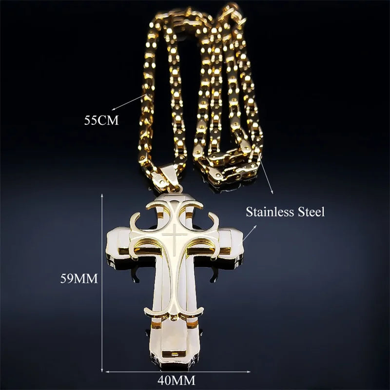 Men Big Cross Jesus Stainless Steel Gold Color Christ God Chain Necklace