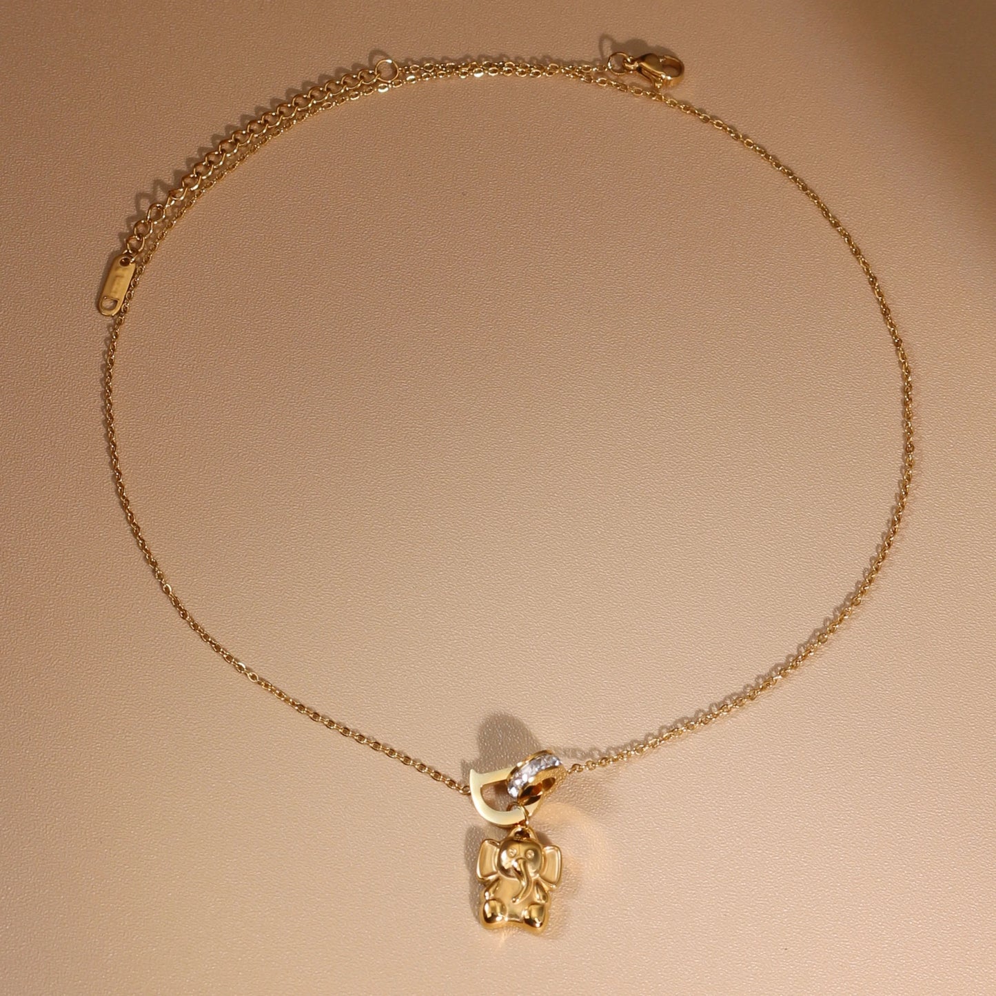 Women Small Elephant Zircon Roman Numeral 18K Gold-Plated Stainless Steel Necklace