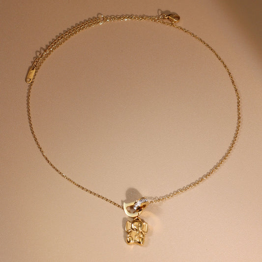 Women Small Elephant Zircon Roman Numeral 18K Gold-Plated Stainless Steel Necklace