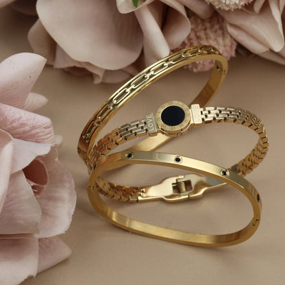 Stainless Steel Zircon Roman Numeral Chain Design Women Bracelet Bangle