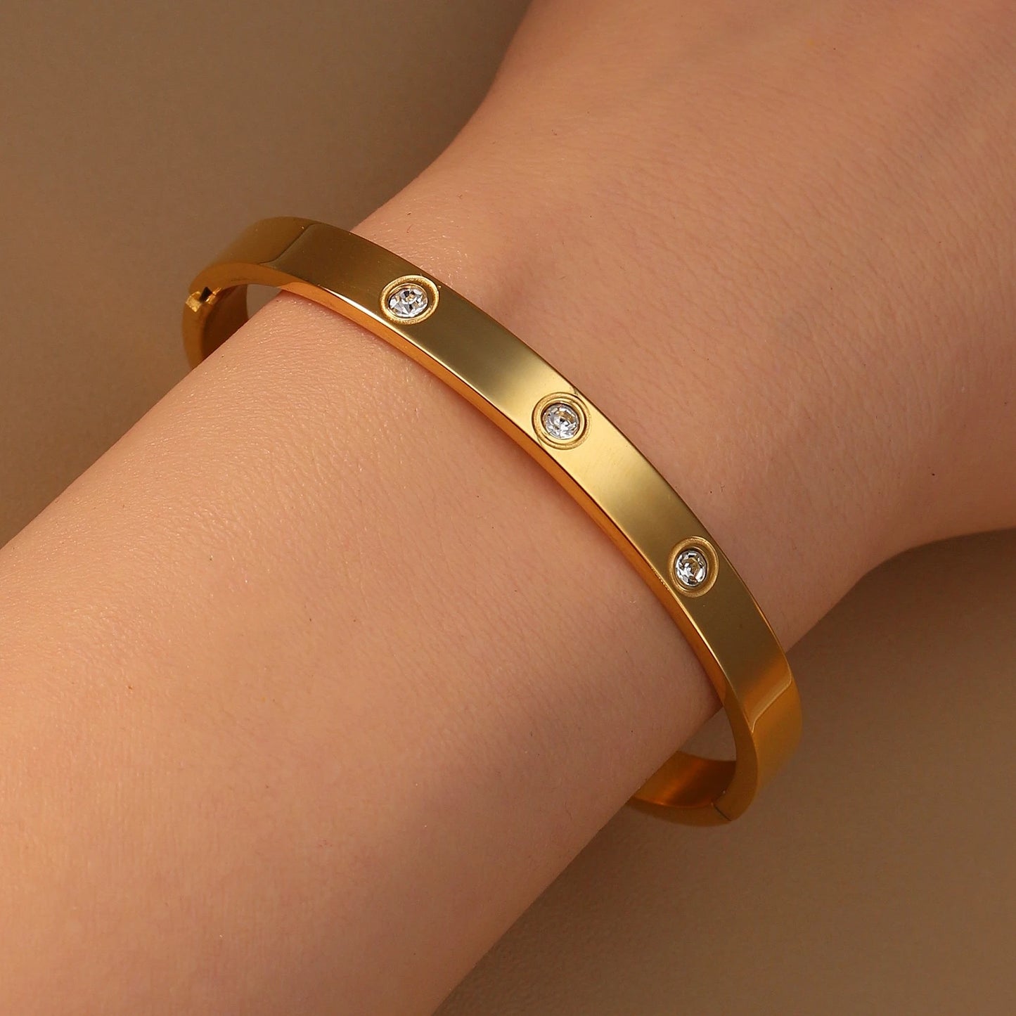 Women Roman Numeral 18k Gold Color Stainless Steel Zircon Bracelet Bangles