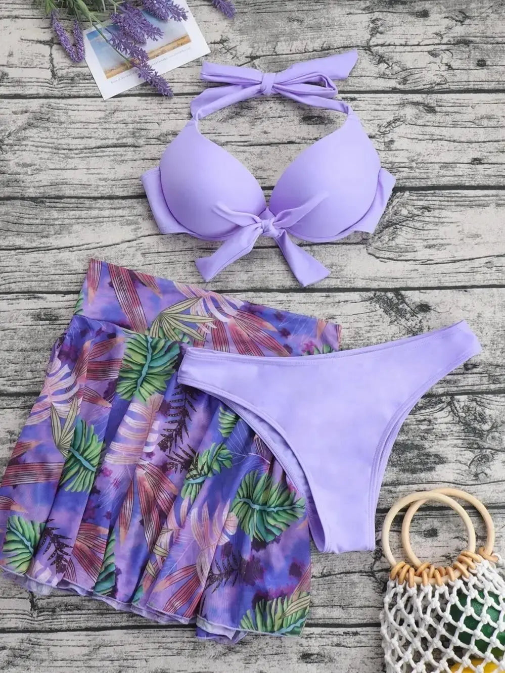 3pcs Tropical Bikini Halter Push Up Swimsuit + Beach Shirt Swimwear Women Bathing Swimming Suit