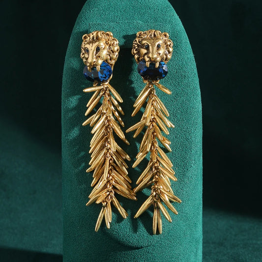 Luxury Large Gold Color Lion Head Blue Crystal Wheat Antique Vintage Drop Earrings
