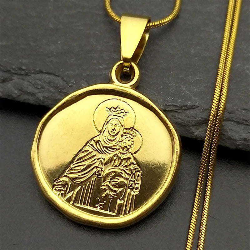 Men Stainless Steel Hip Hop Virgin Mary Medal Our Lady of Guadalupe Pendant Necklace