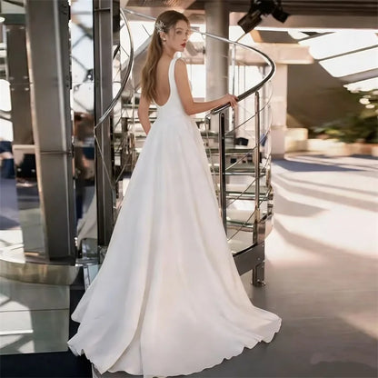 Elegant Backless Satin A-Line Square Neck Sleeveless Bridal Wedding Dress Gowns w/ Pockets