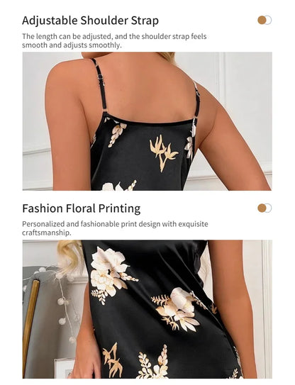 Women Nightwear Black Floral Print Nightdress Sleepwear Gowns