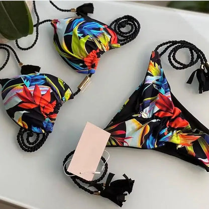 Women Low Waist Two Pieces Botanical-Print Braided Rope Bikini Swimsuit Beachwear Bathing Swimwear