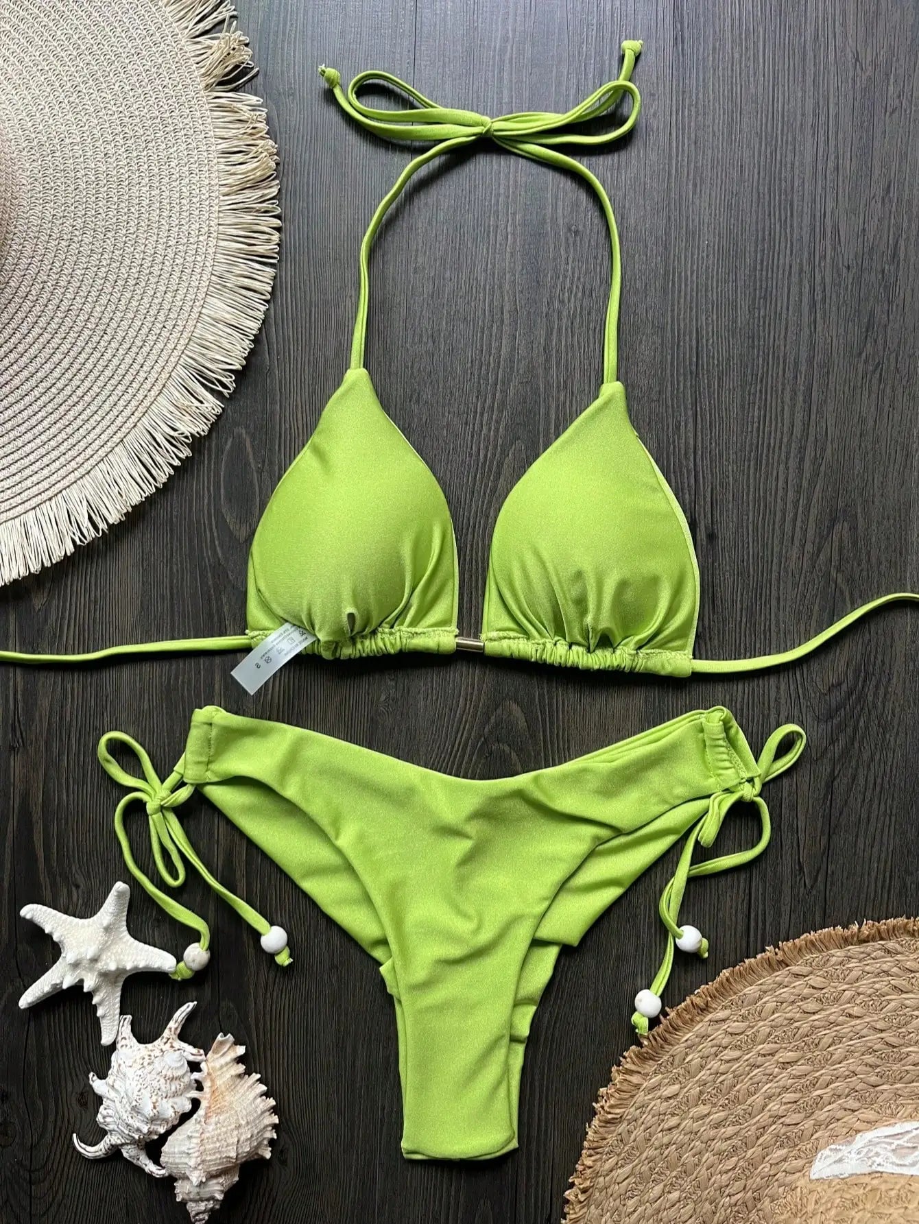 Solid Color Bikini Swimsuit Hanging Neck Rope Split Swimsuit 2-piece Beachwear Suit