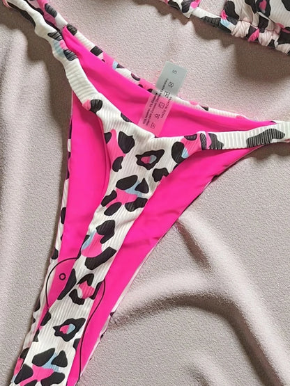 Sexy Leopard Halter Low Waist Lace-Up Two-Piece Triangle Thong Swimwear Brazilian Side-Tie Bikini Suit
