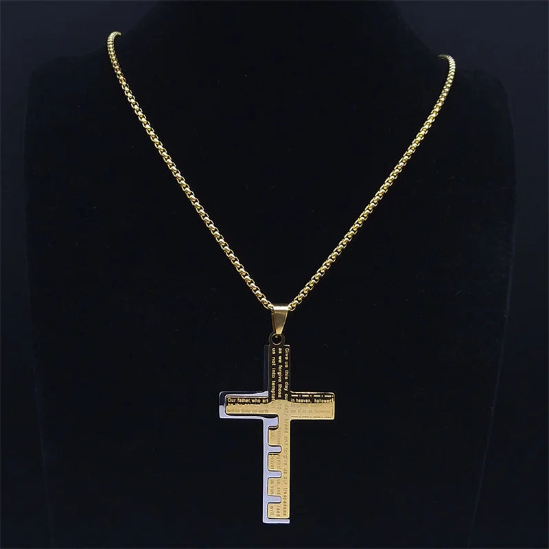 Men Stainless Steel Gold Color Bible Amulet Cross Christian Church Prayer Necklace