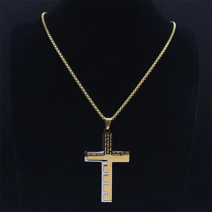 Men Stainless Steel Gold Color Bible Amulet Cross Christian Church Prayer Necklace