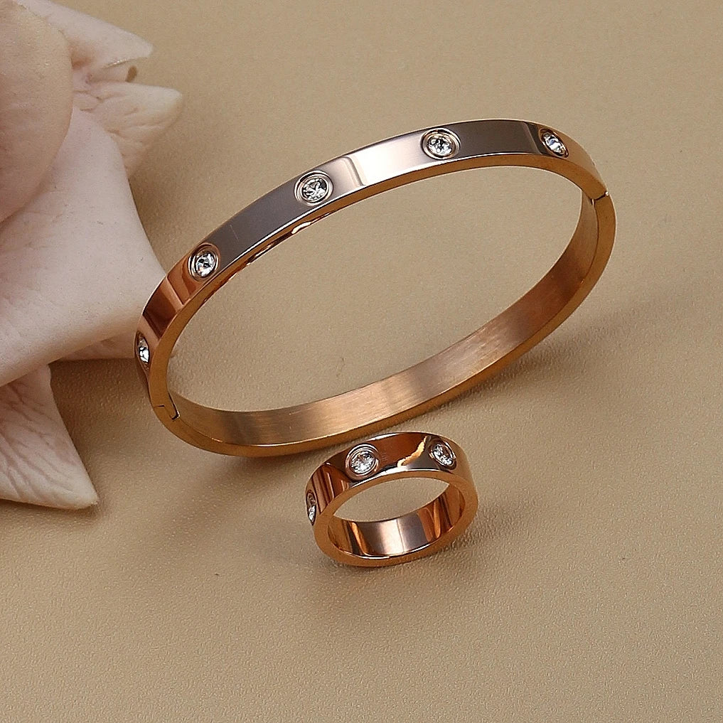 2-in-1 Women 18K Gold-Plated Stainless Steel Bracelet Ring Jewelry Set.