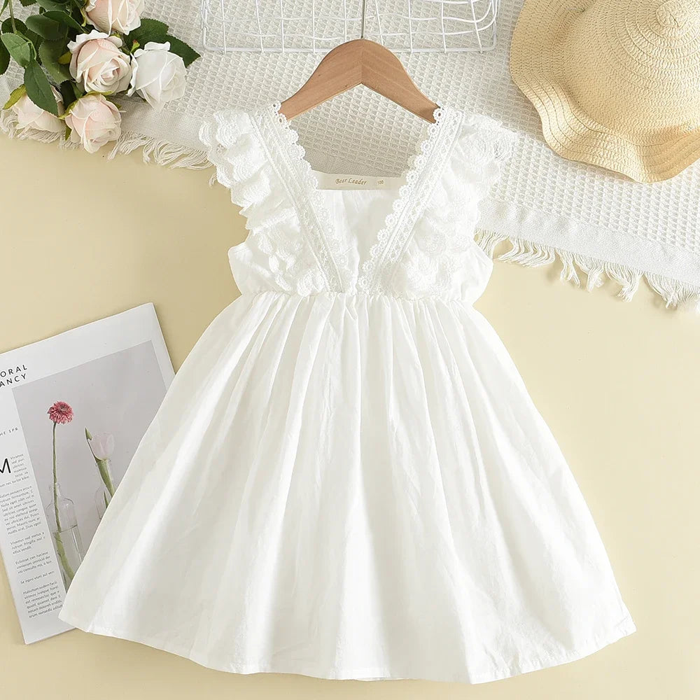 Kids Little Girls Cut-out Design Sling White Holiday Medium Length Vest Dress