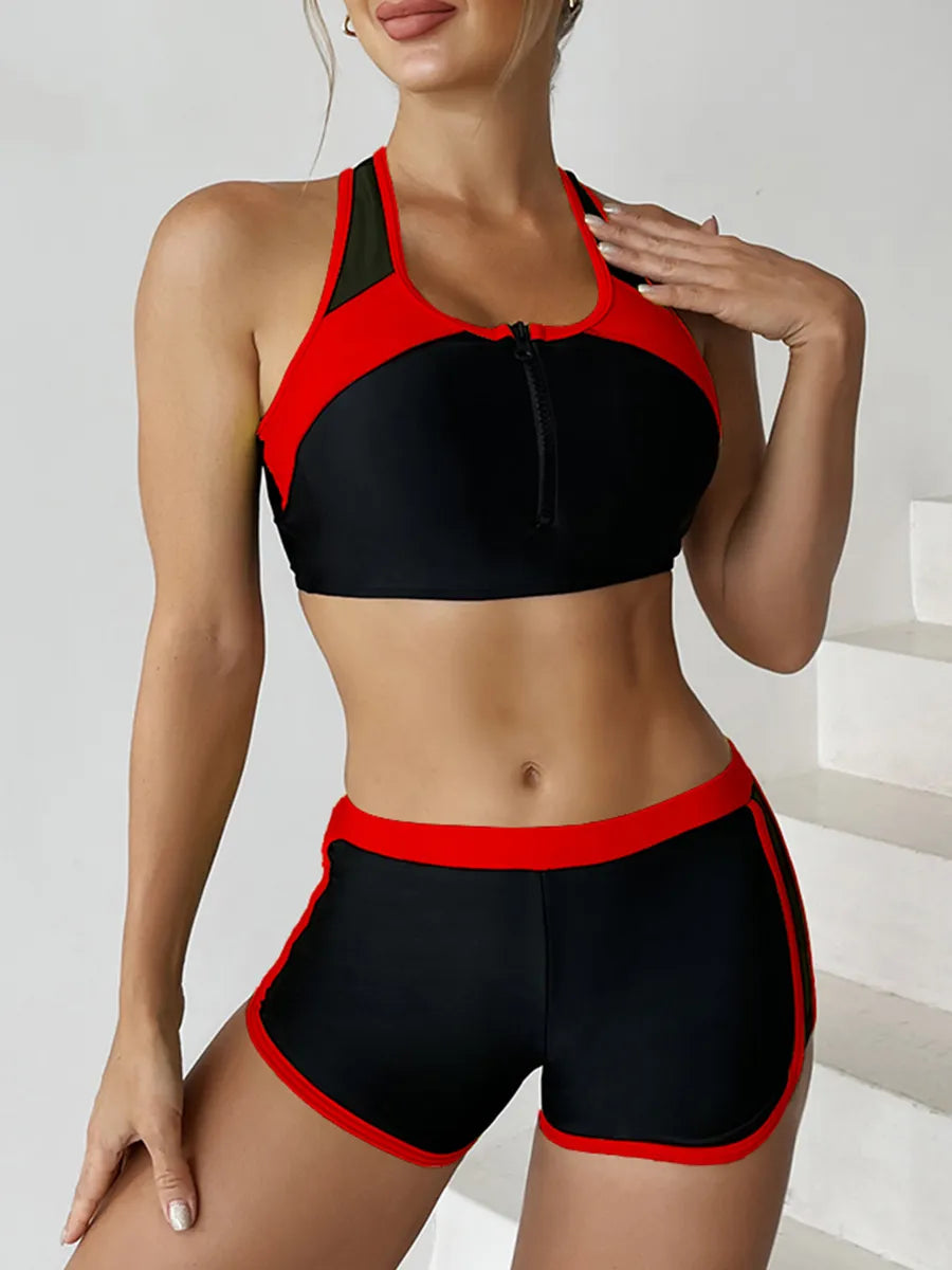 Women Zipper Bikini Two Piece Swimsuit Tops + Shorts Sports Swimwear Bathing Suit